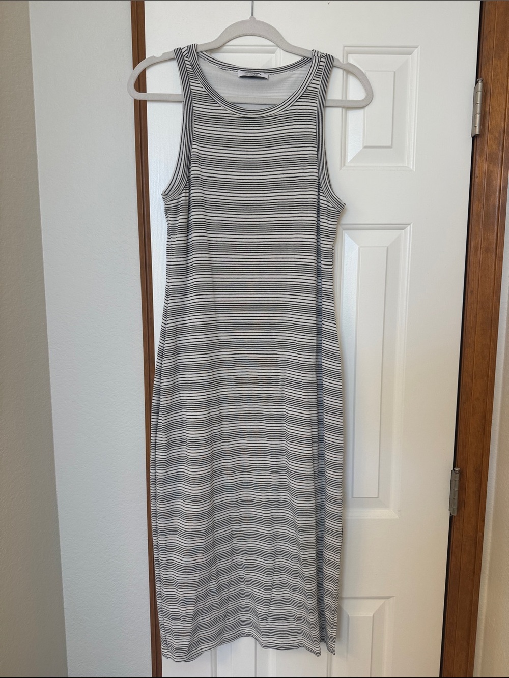 Gilli Gray and White Striped Sleeveless Midi Dress